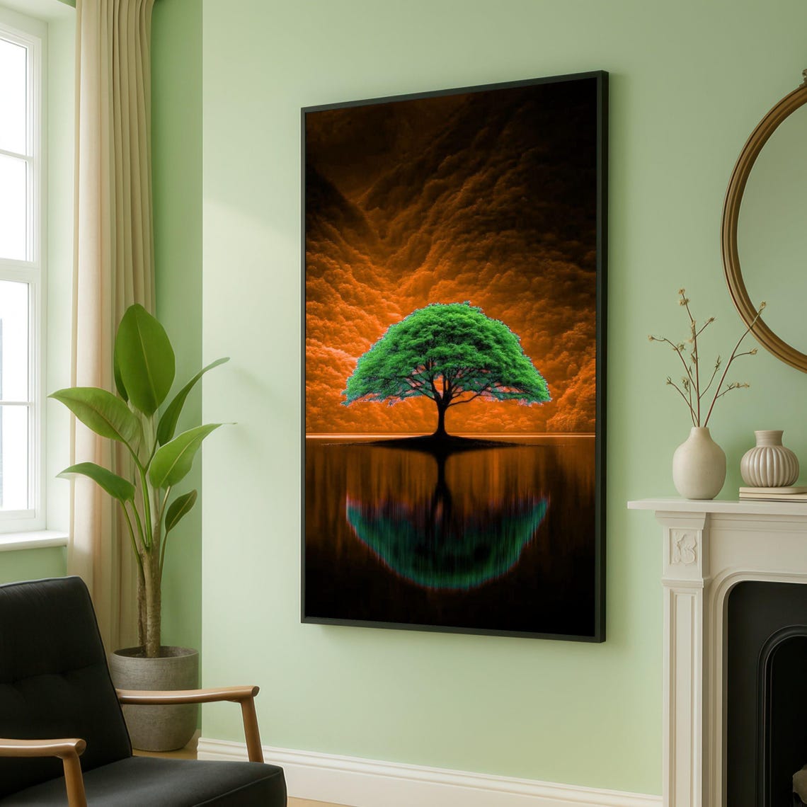 Surreal Green Tree Reflection On Water Fiery Orange Sky Poster