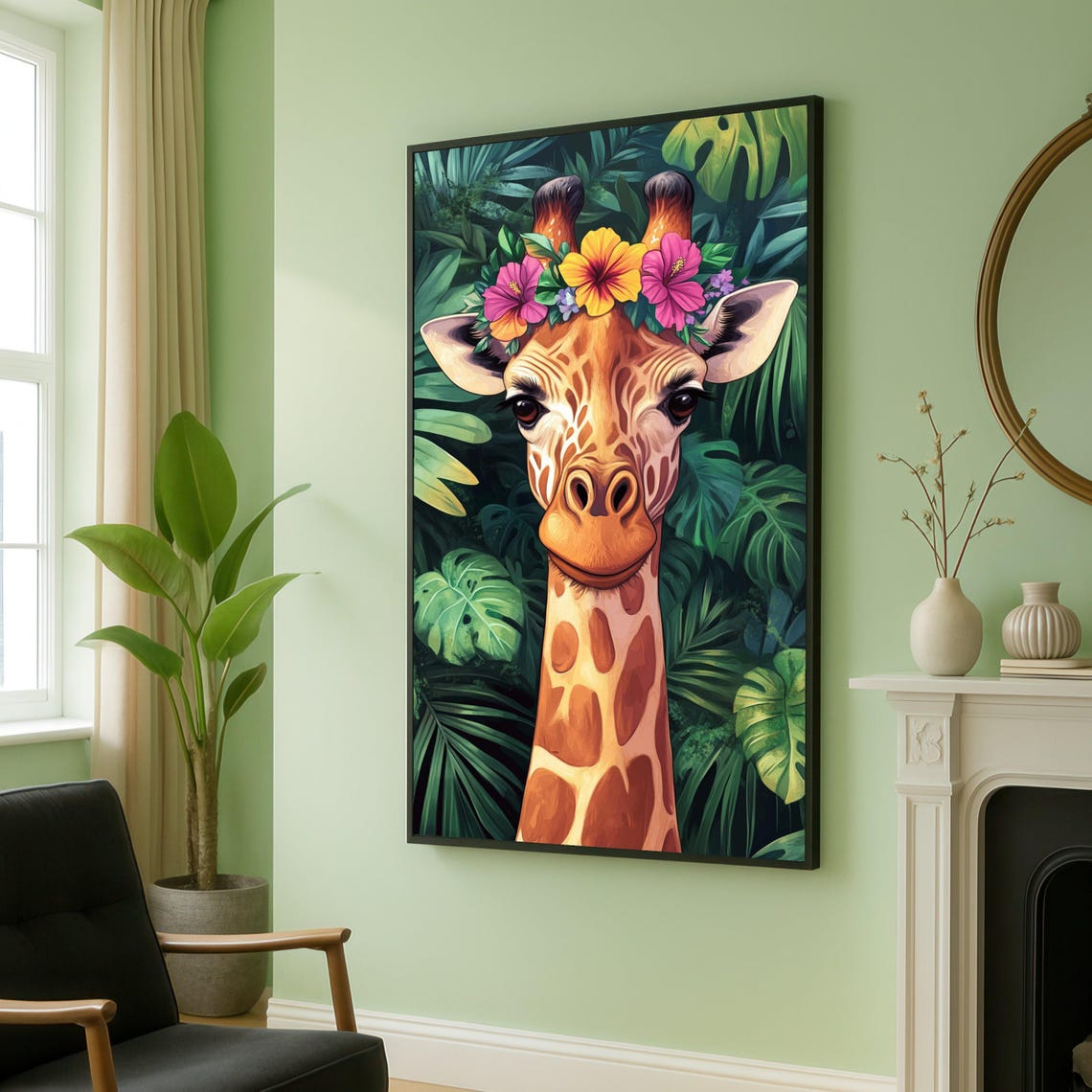 Playful Giraffe Wearing a Tropical Flower Crown in the Jungle Poster