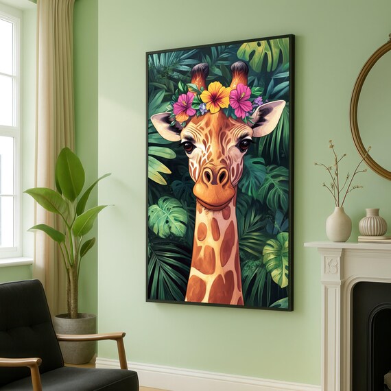 Whimsical Giraffe With Floral Crown Canvas Tropical Jungle Animal Art Colorful Wildlife Wall Decor Playful Safari Print