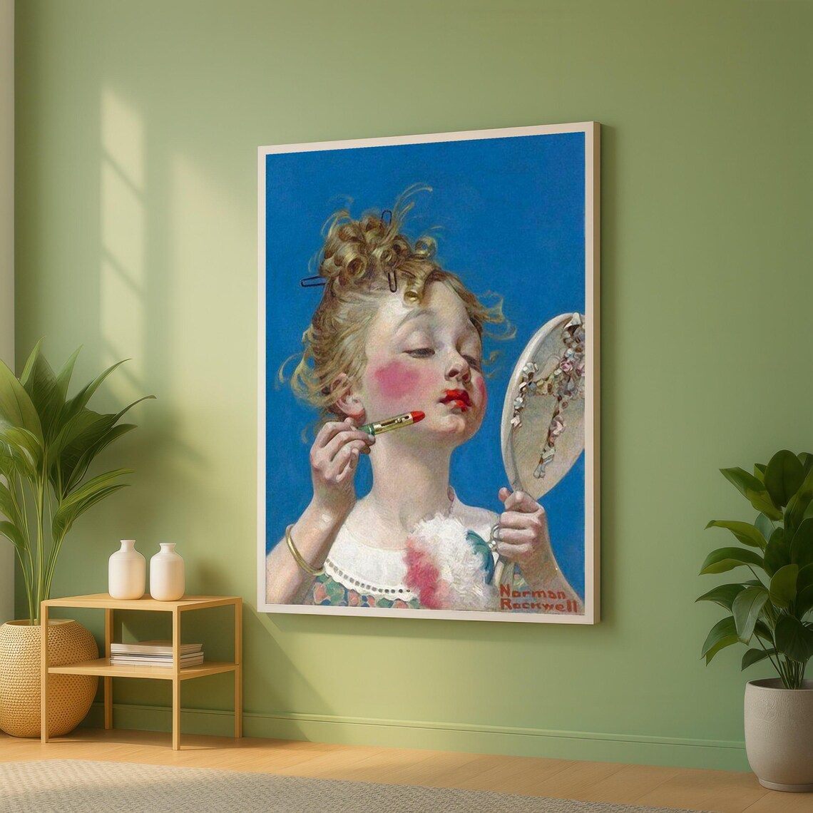 Norman Rockwell Girl at Mirror Lipstick Classic Americana Poster