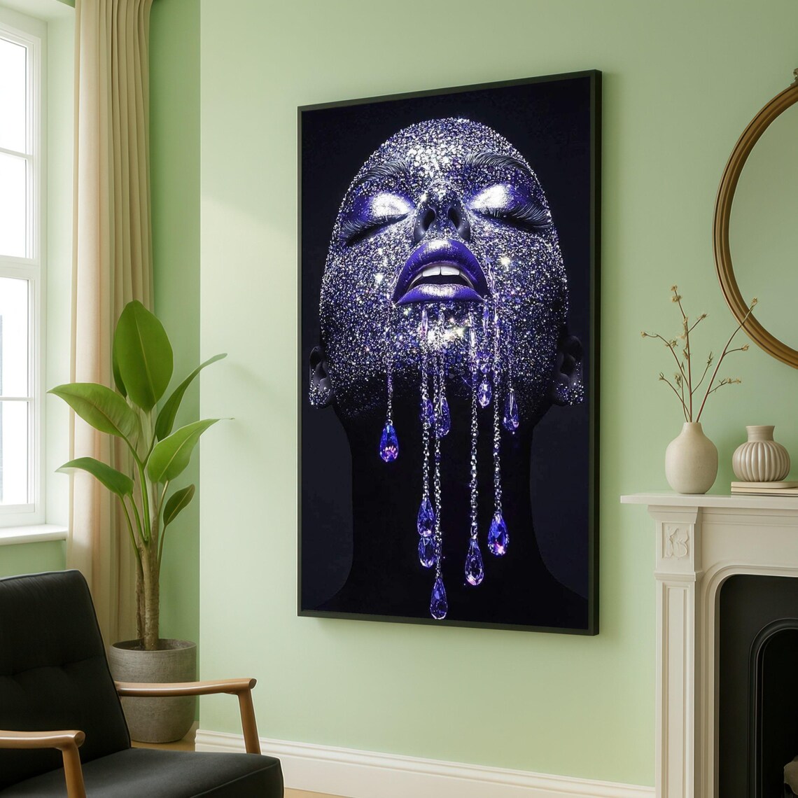 Glittering Purple Face With Crystal Drops Modern Glam Portrait Poster