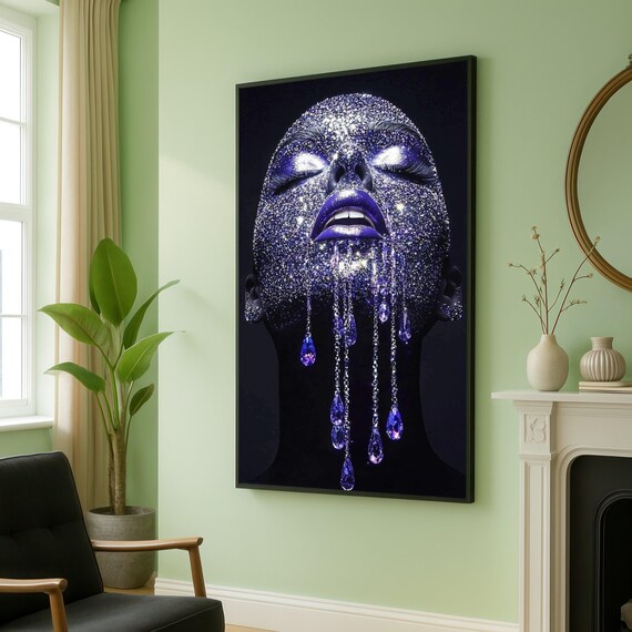 Glittering Purple Face With Crystal Drops Modern Glam Portrait Poster