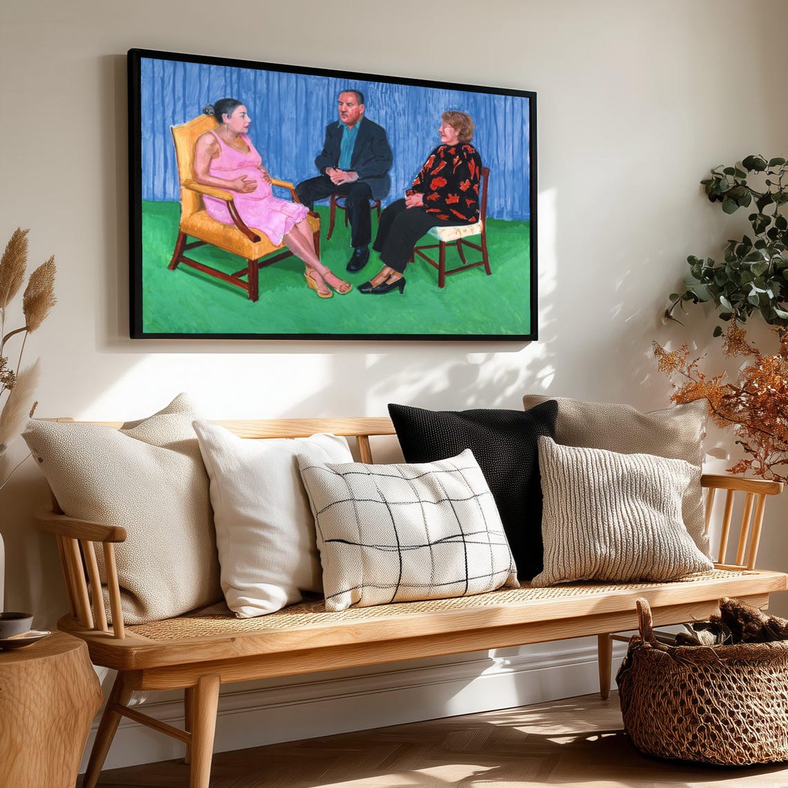 David Hockney Style Three People Conversation Figurative Poster