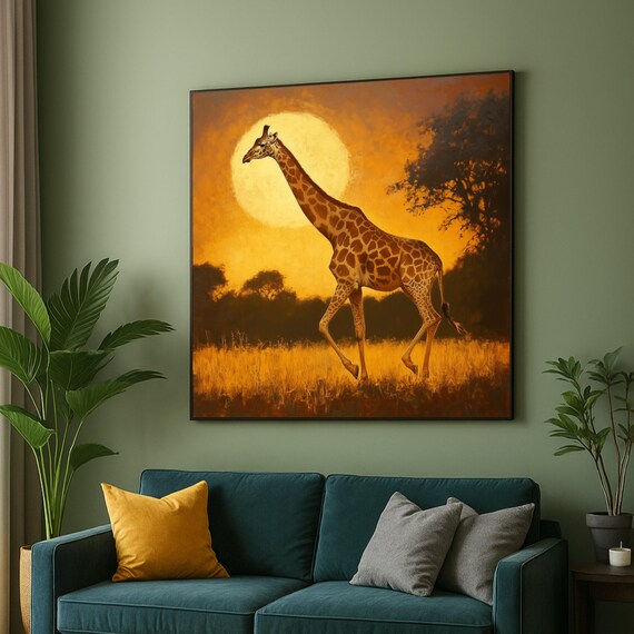 Majestic Giraffe At Sunset Canvas African Safari Wall Art Wildlife Nature Golden Hour Landscape Decor Animal Silhouette Painting