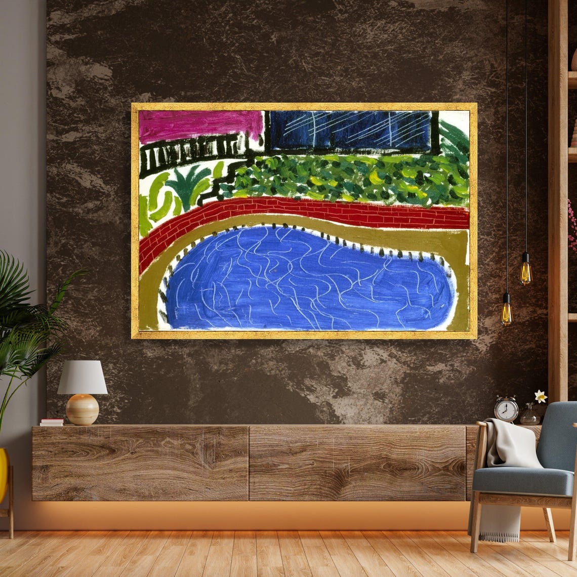 Modern Poolside Blue Swimming Pool Colorful Bright Painting Poster