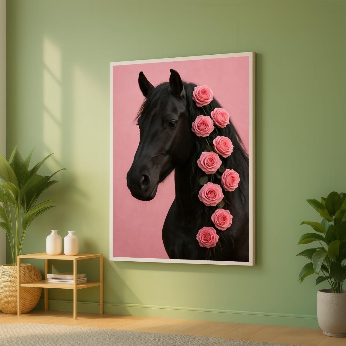 Black Horse Head Pink Roses Romantic Floral Mane Equine Poster