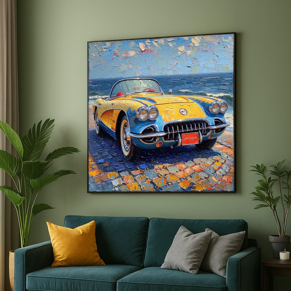 Vintage Yellow Corvette Convertible Beach Impasto Oil Painting Poster