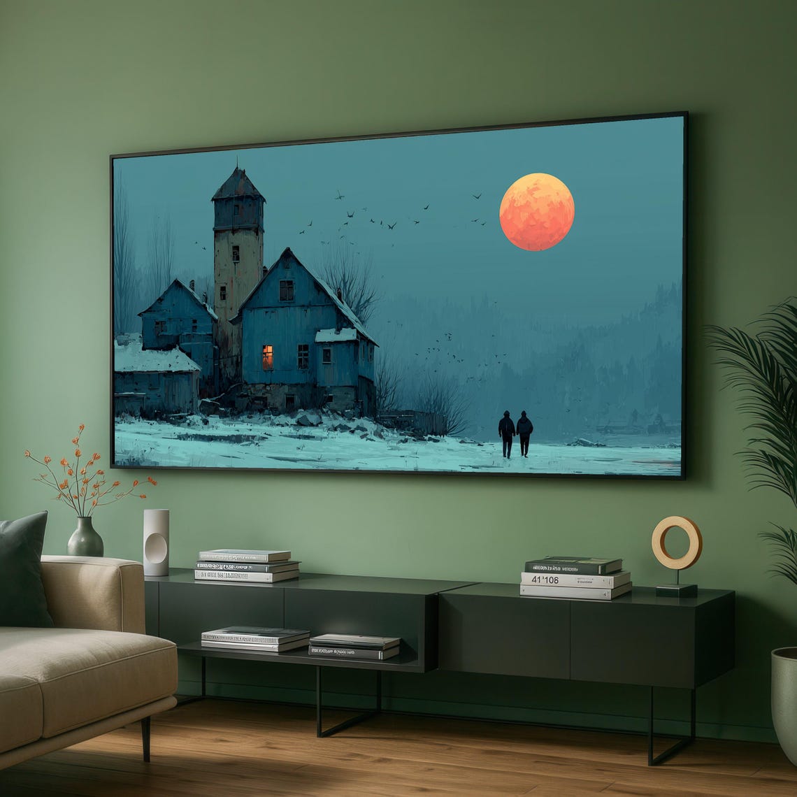 Tranquil Winter Night Snowy Farmhouse Full Moon Scene Poster