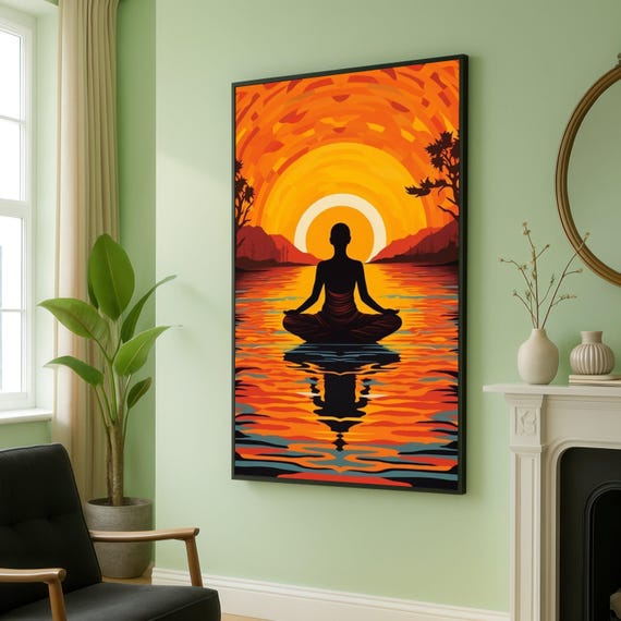 Meditative Yoga Pose Sunset Canvas Tranquil Silhouette Wall Art Calm Lake Reflection Spiritual Home Decor Vibrant Orange Landscape