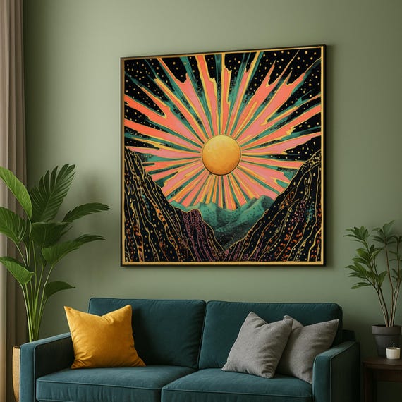 Vibrant Sunrise Canvas Wall Art Abstract Mountain Landscape Retro Sunburst Design Colorful Nature Scene Boho Home Decoration