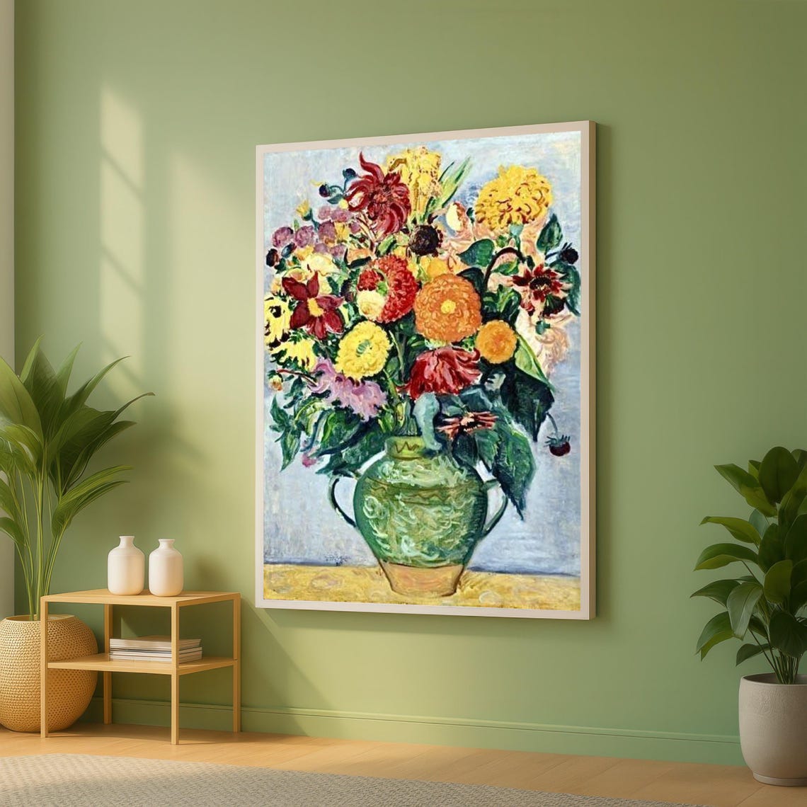 Impressionist Autumn Bouquet Green Vase Yellow Table Still Life Poster