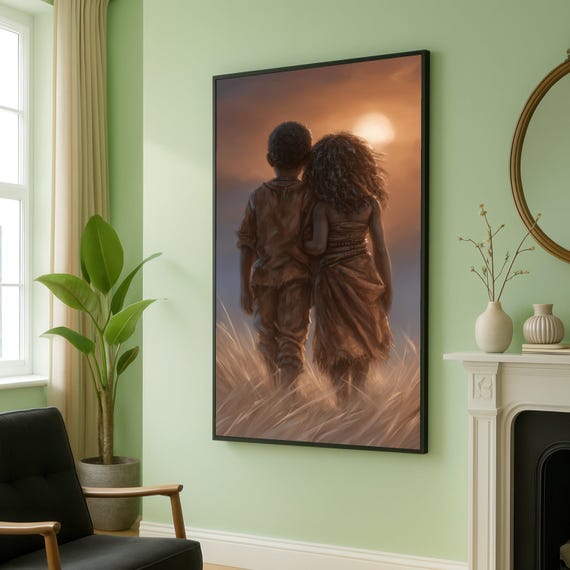 Childhood Companions At Sunset Warm Embrace Canvas Wall Art Rustic Children Illustration Tender Moment Decor Nostalgic Home Decoration