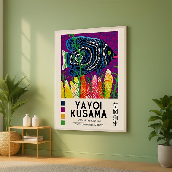 Yayoi Kusama Dot Pattern Fish Art Vibrant Underwater Scene Canvas Colorful Coral Reef Modern Abstract Wall