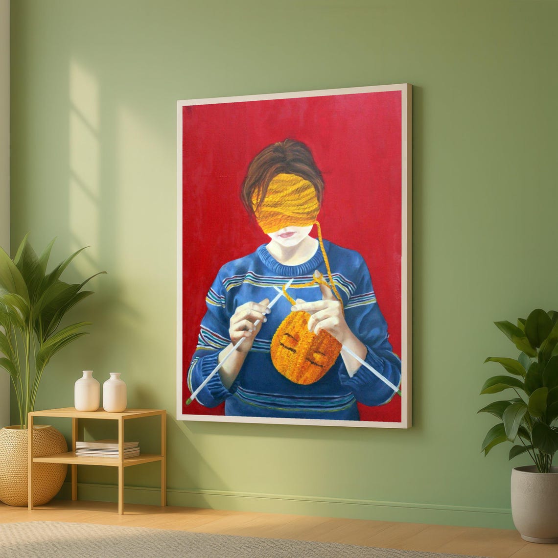 Woman Knitting Blindfolded With Yarn Over Eyes Surreal Red Poster