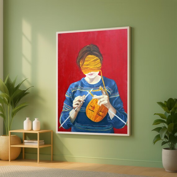 Woman Knitting Blindfolded With Yarn Over Eyes Surreal Red Poster