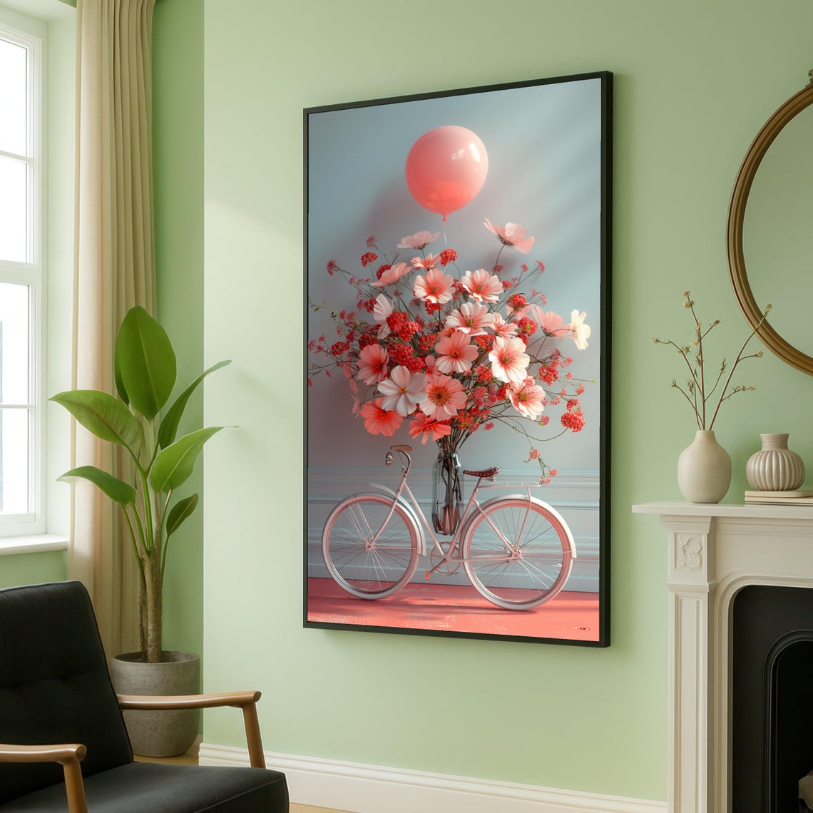 Vintage Bicycle Pink Balloon Flower Bouquet Romantic Pastel Wall Art