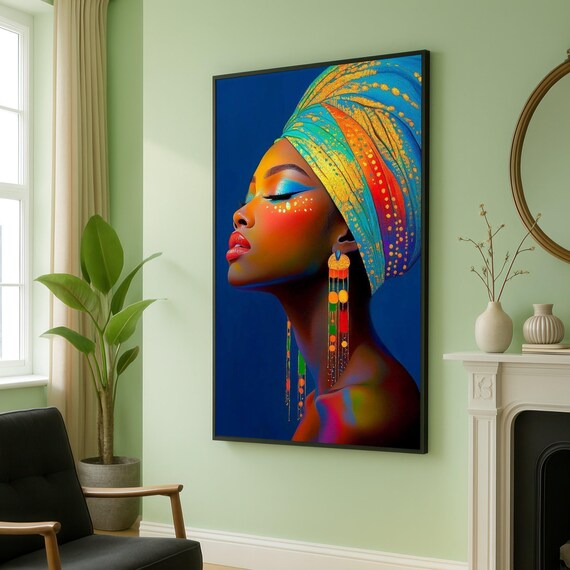 Vibrant African Woman Colorful Headwrap Neon Portrait Art Print