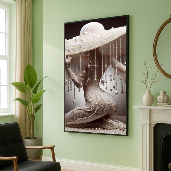 Elegant Woman In Pearl Art Beaded Texture Canvas Fashion Hat Wall Luxurious Glamour Decor Modern Feminine Print