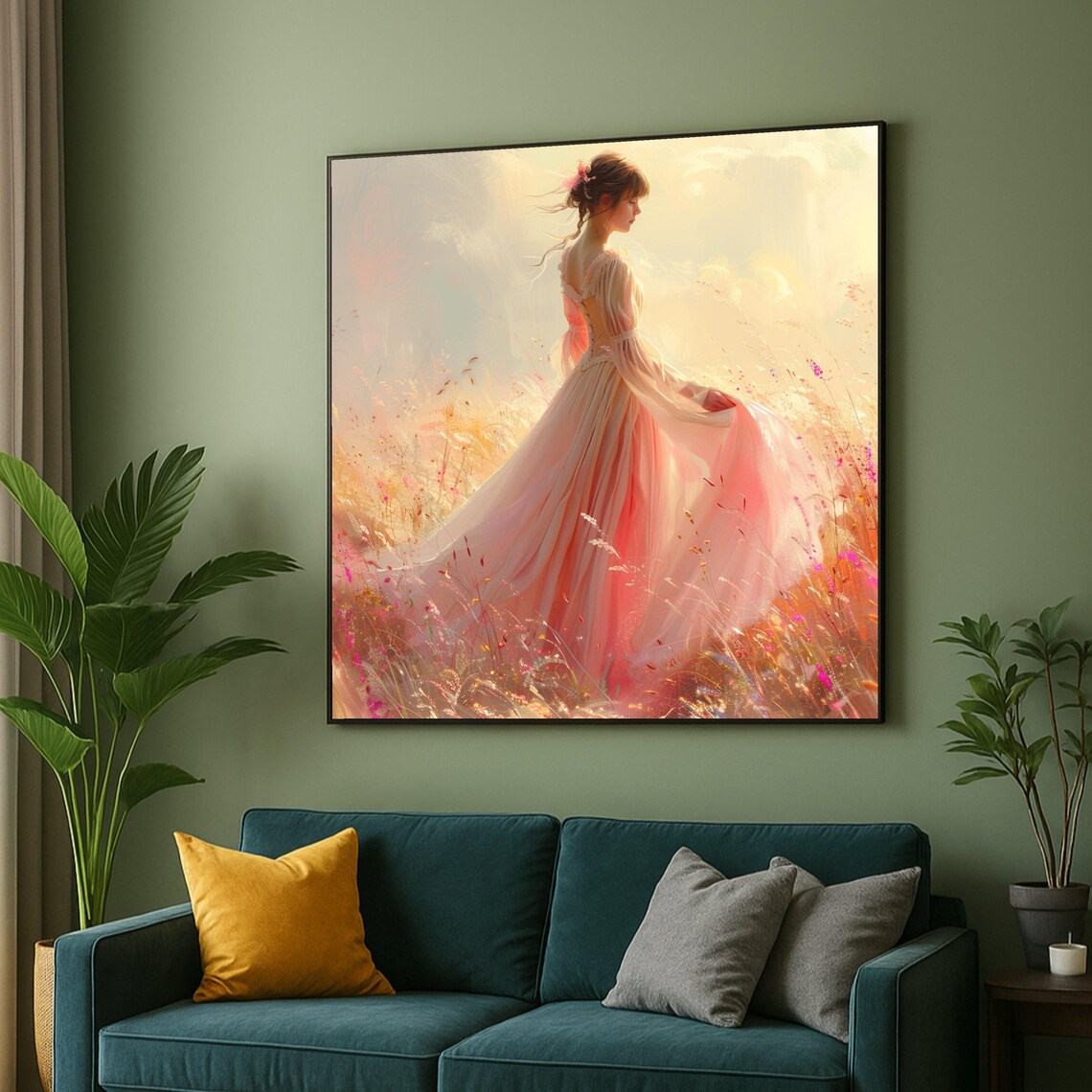 Elegant Woman Flowing Dress Sunlit Wildflower Meadow Art Poster