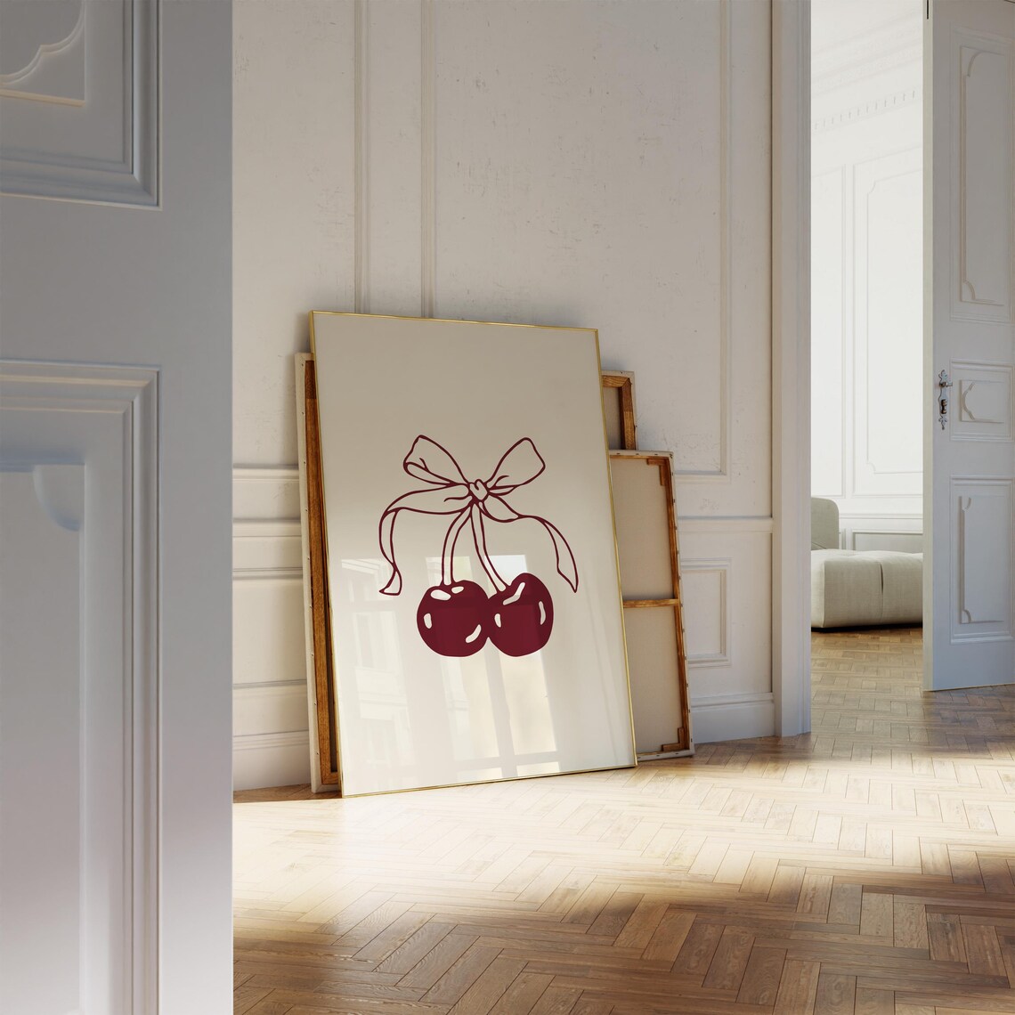 Burgundy Cherry Bow Cream Minimalist Fruit Kitchen Wall Art Print - Image 5