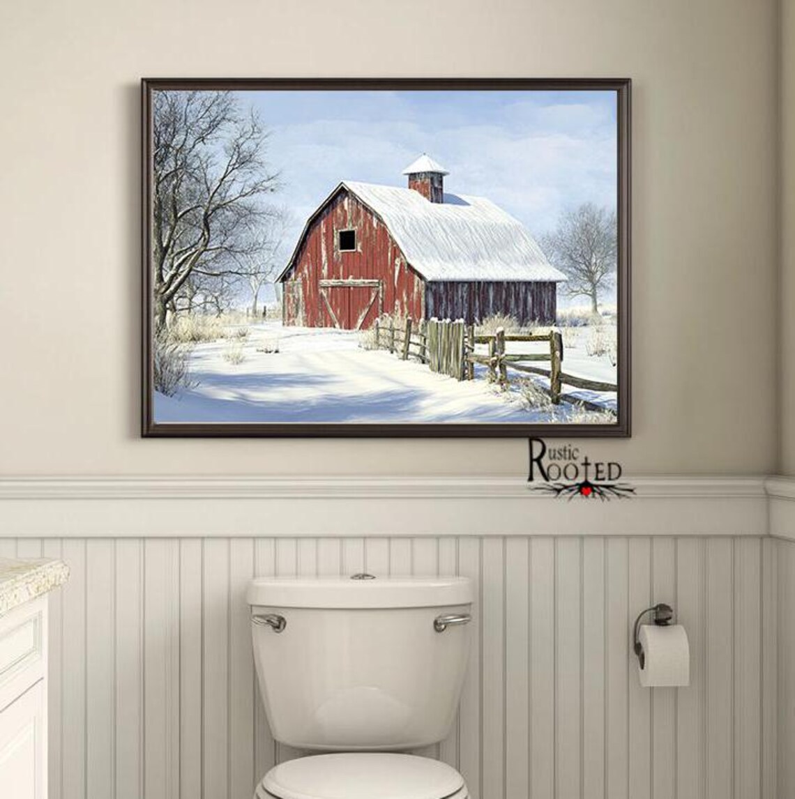 Red Barn with Cupola in Fresh Snow Beside a Wooden Fence Poster - Image 2