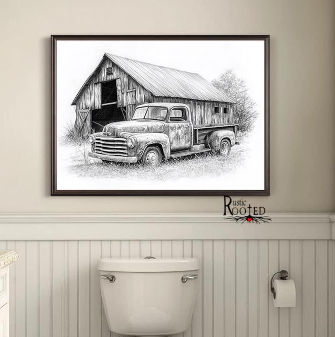 Old Country Barn & Vintage Truck Charcoal Art Print - Image 3