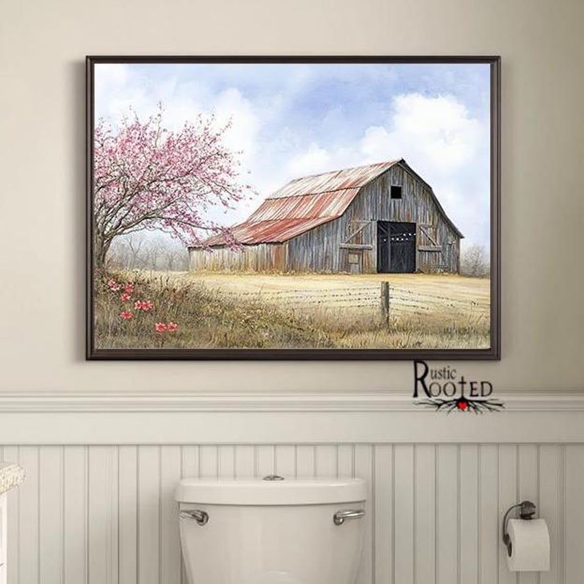 Weathered Barn with Pink Flowering Tree Spring Farm Scene Poster - Image 4