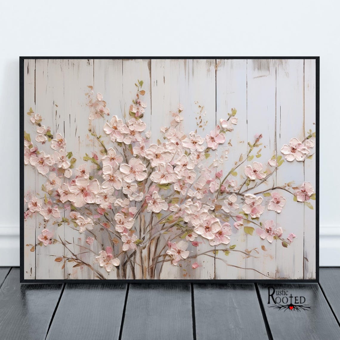Pink Cherry Blossom Branches Painted on Whitewashed Wood Poster
