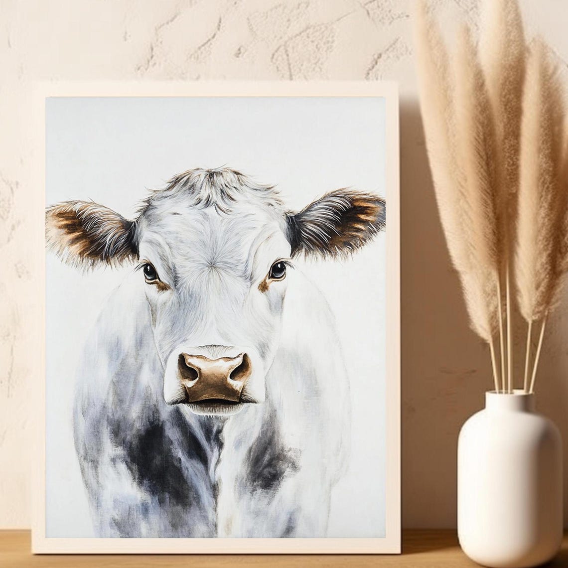 Front-Facing White Cow Portrait on White Minimalist Farm Poster - Image 4