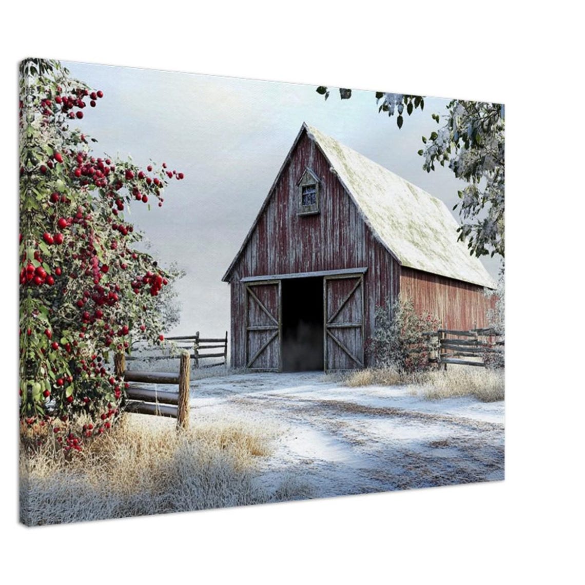 Red Barn in Winter with Frosted Roof and Red Berry Bush Poster - Image 4