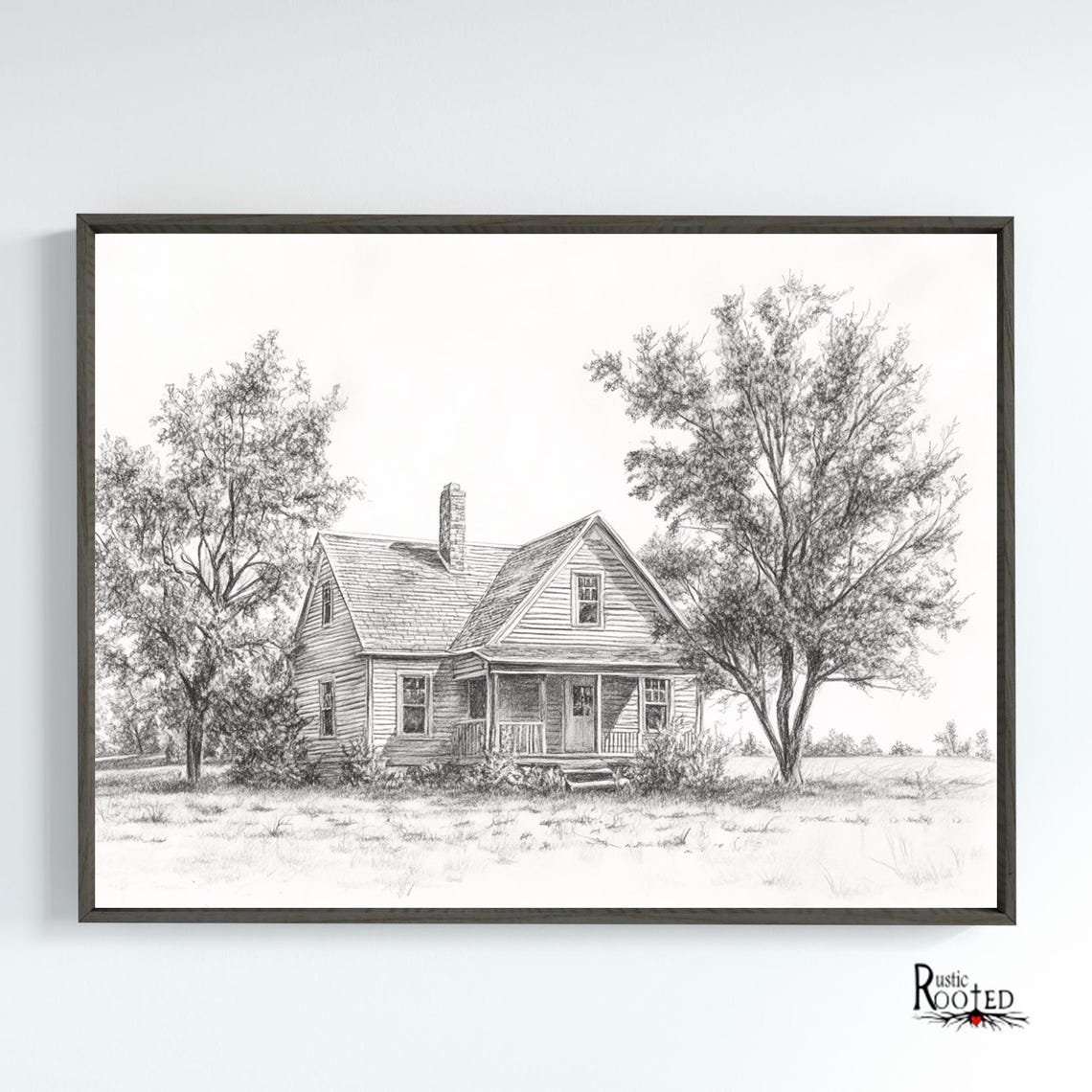 Black and White Country Farmhouse Pencil Sketch Vintage Wall Art