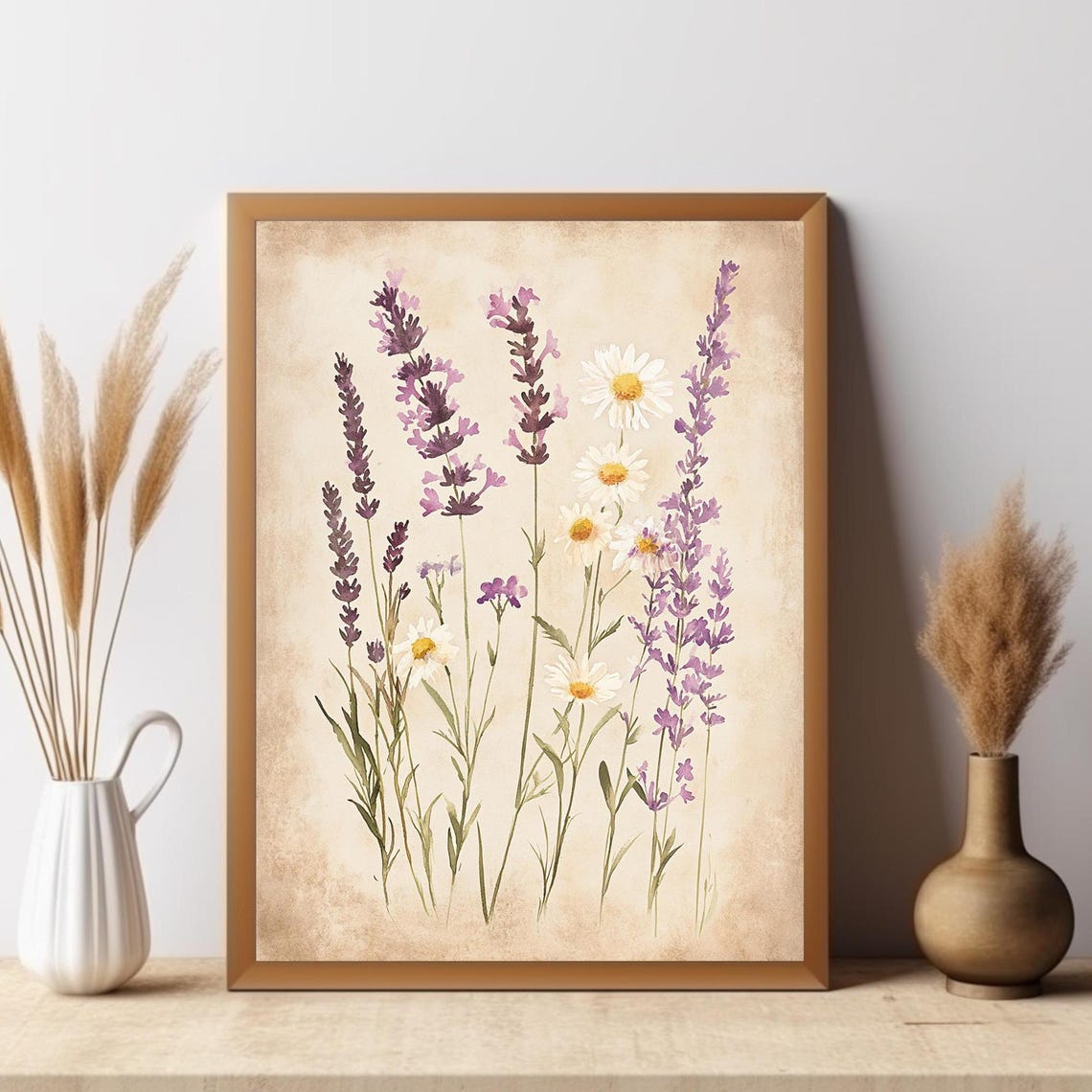 Lavender Daisy Wildflower Watercolor Botanical Farmhouse Art Poster