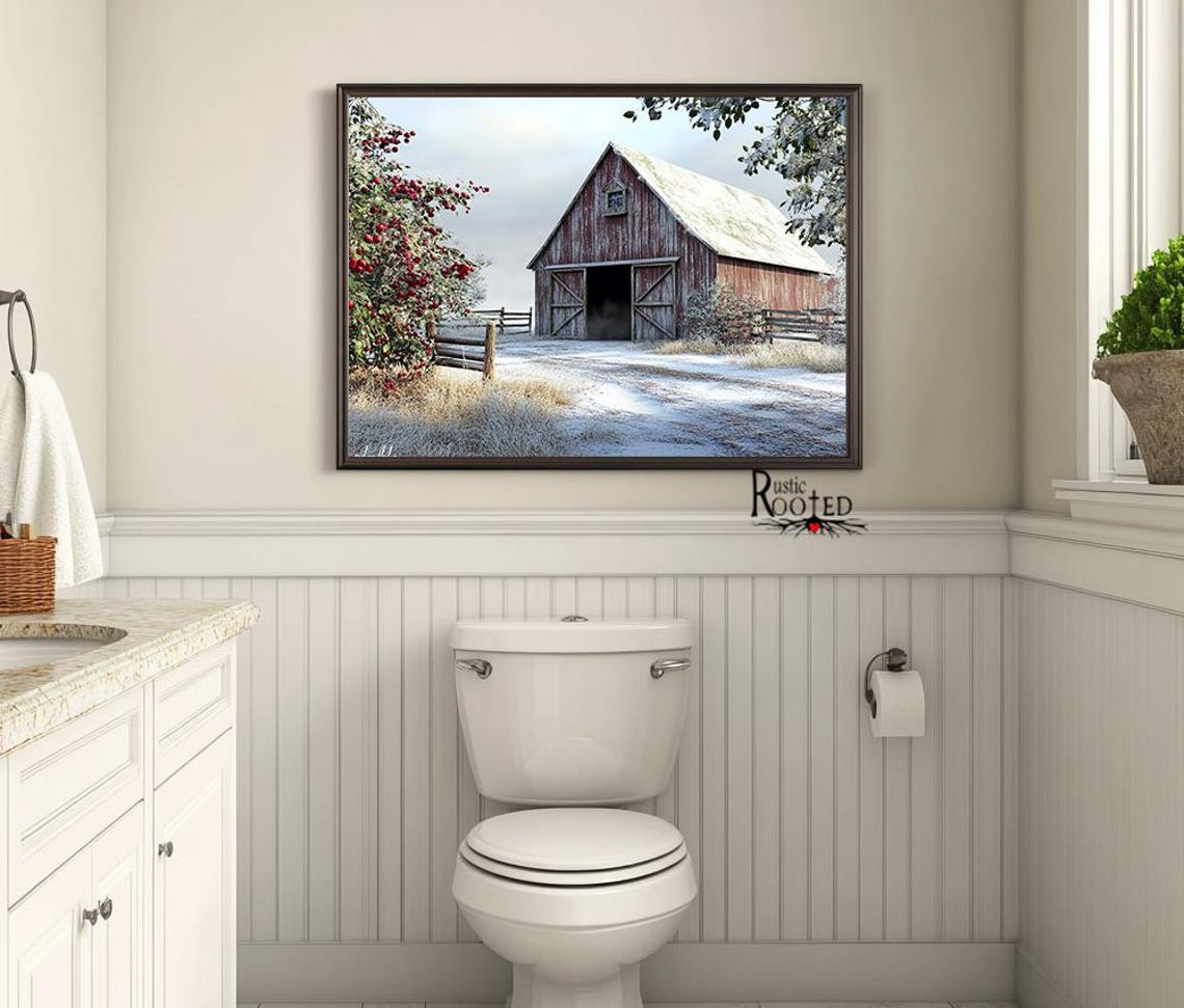 Red Barn in Winter with Frosted Roof and Red Berry Bush Poster