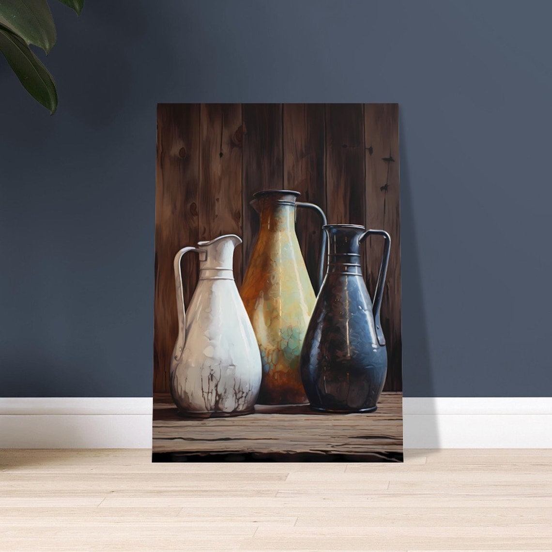 Still Life Painting of Three Vintage Pitchers on Wood Poster - Image 3
