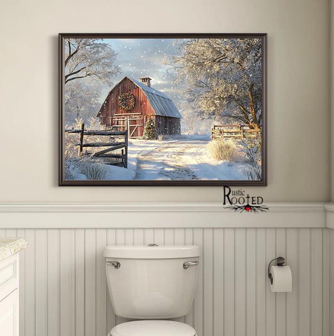 Red Barn in Snow with Christmas Wreath and Frosty Trees Poster - Image 2