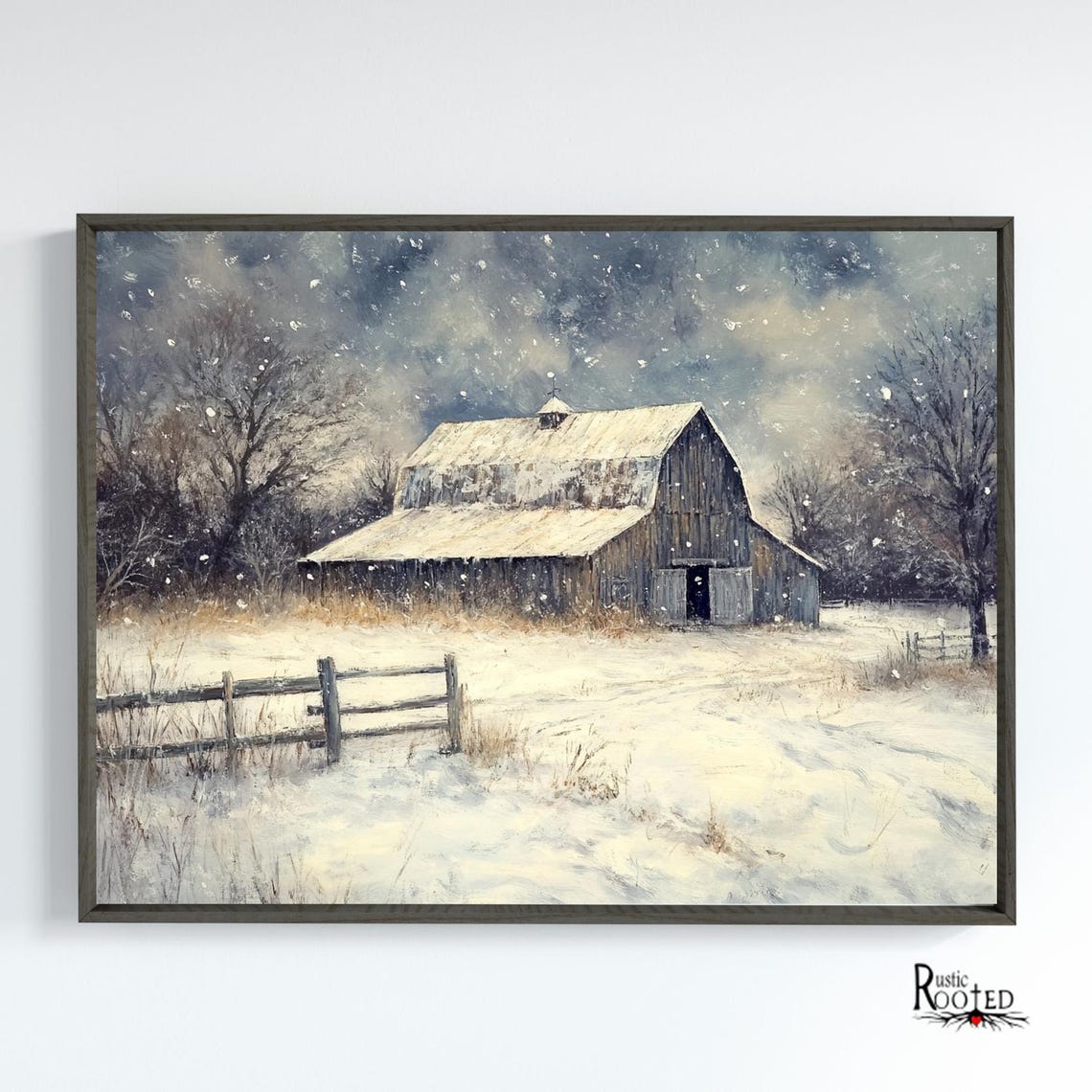 Old Barn in a Snowstorm Painting with Rustic Wooden Fence Poster