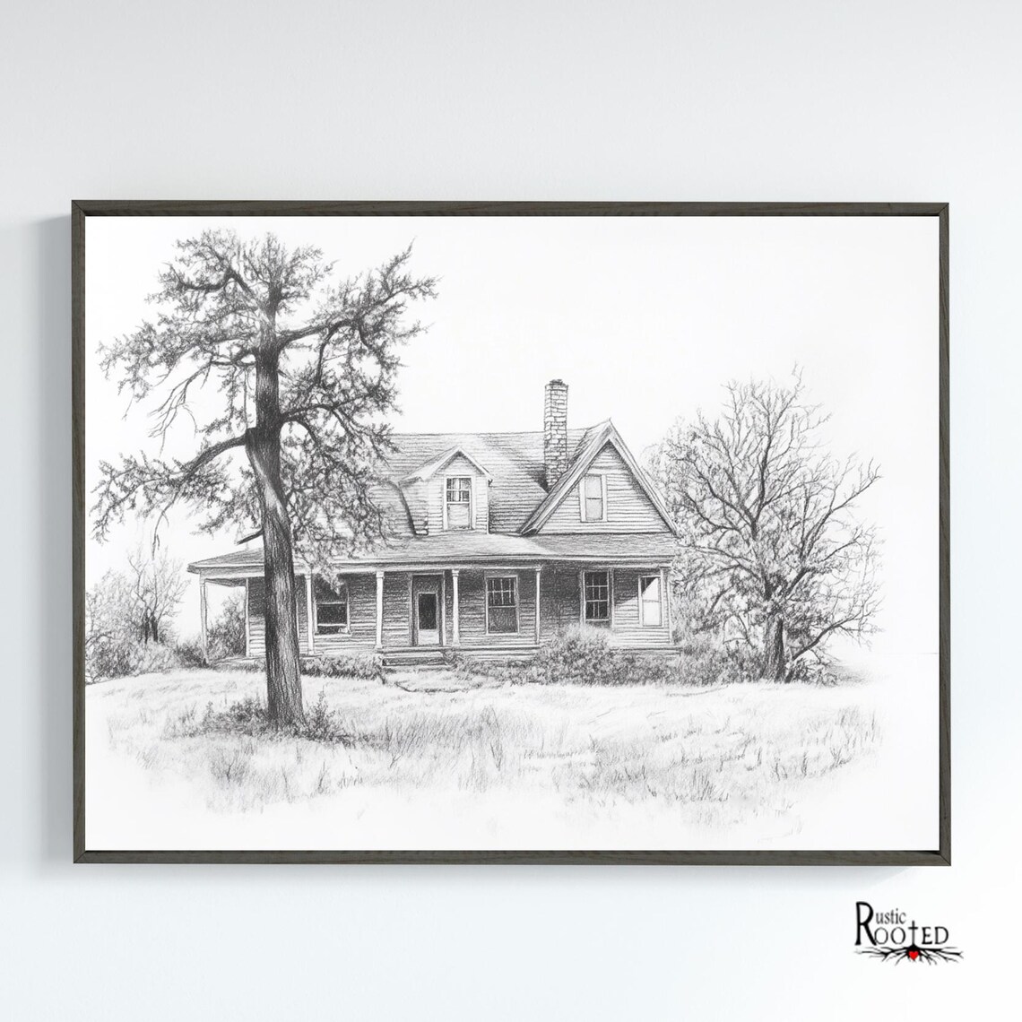 Detailed Pencil Sketch of an Old Farmhouse with Big Porch Poster