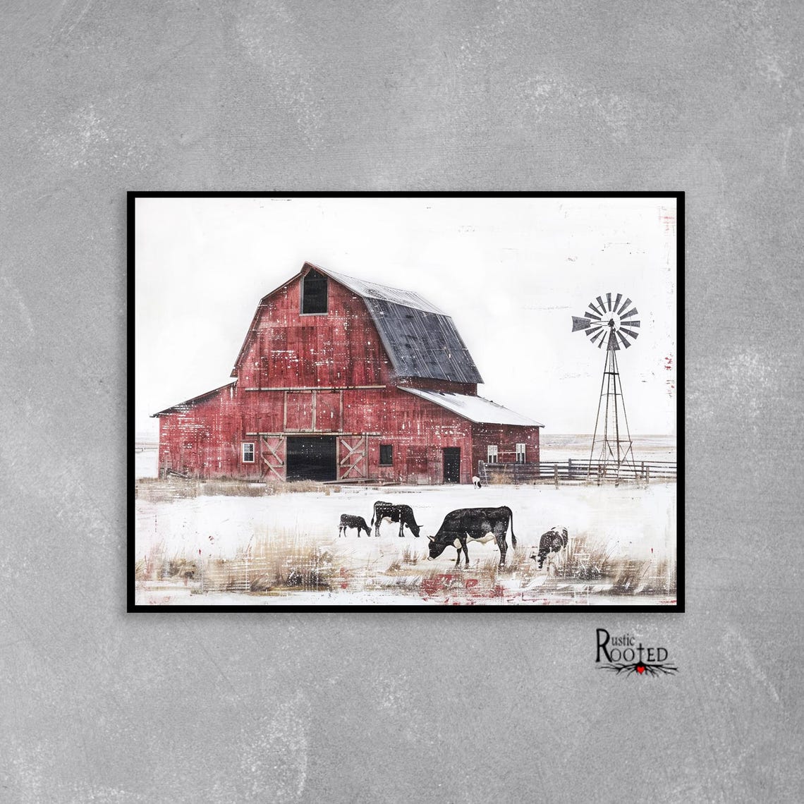 Vintage Red Barn with Windmill and Grazing Cows in Snow Poster - Image 2
