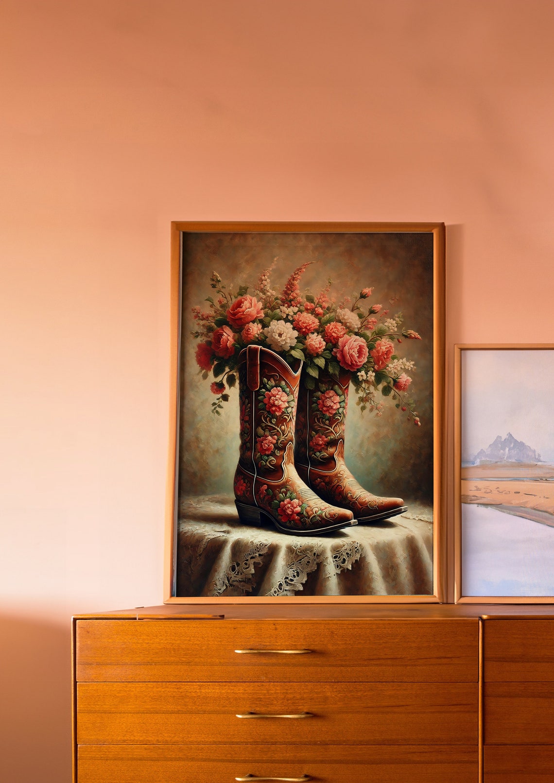 Floral Cowboy Boots Pink Roses Lace Table Vintage Western Art Poster - Image 4