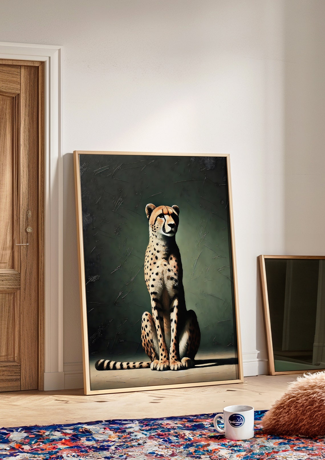Regal Seated Cheetah Portrait On Dark Green Wildlife Art Poster - Image 2