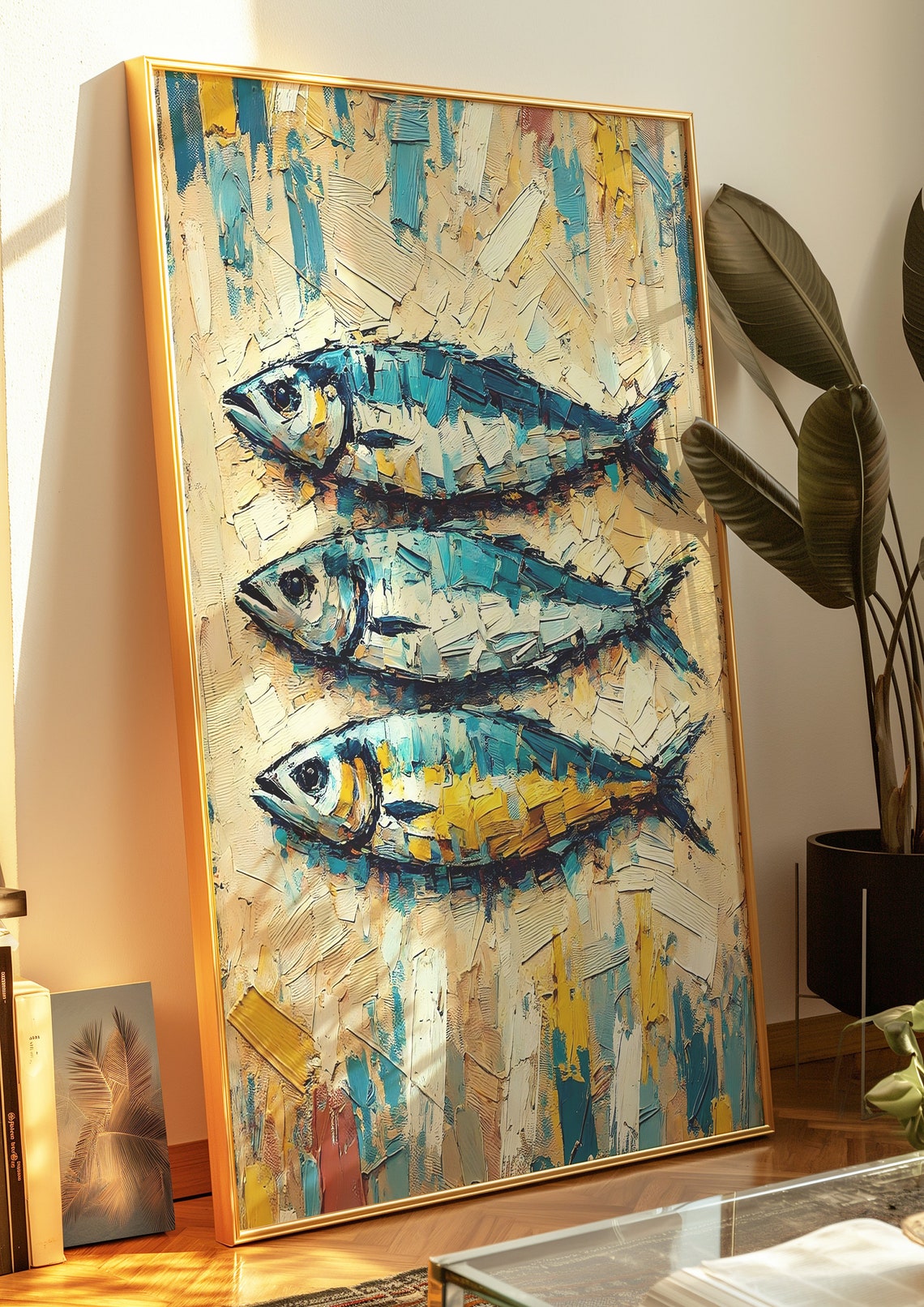 Three Sardines Impasto Oil Painting In Blue Kitchen Art Poster - Image 3