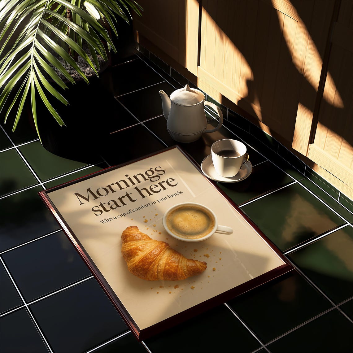Mornings Start Here Croissant Coffee Kitchen Quote Decor Wall Art - Image 3