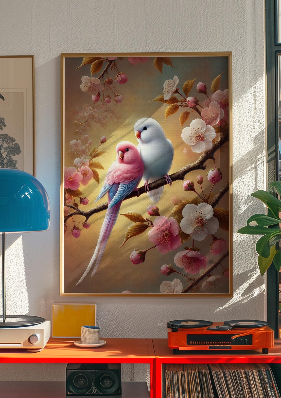 Love Birds Parakeets on Blossom Branch Romantic Bird Wall Art - Image 3