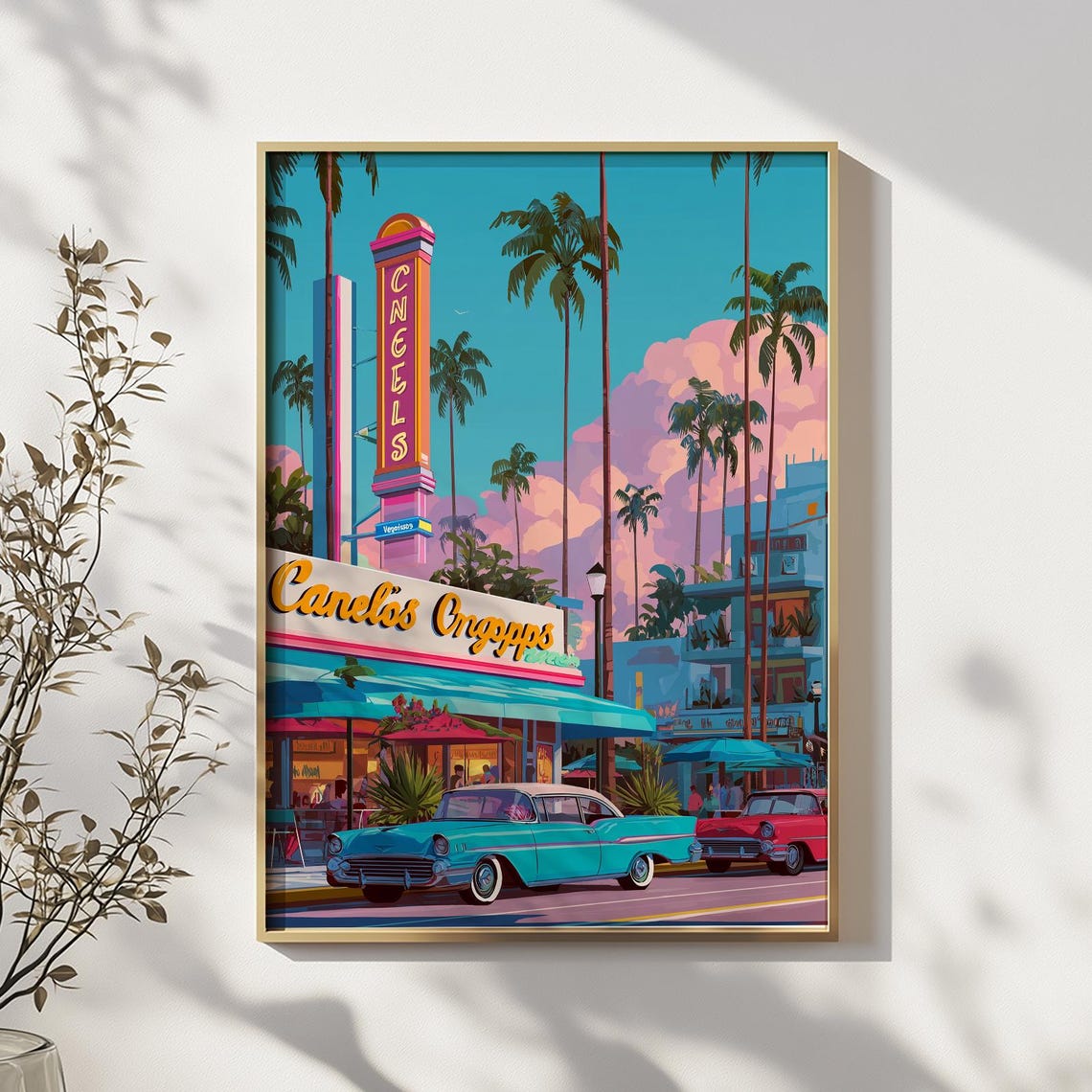 Retro Palm Springs Diner with Neon Sign and Classic Cars Poster