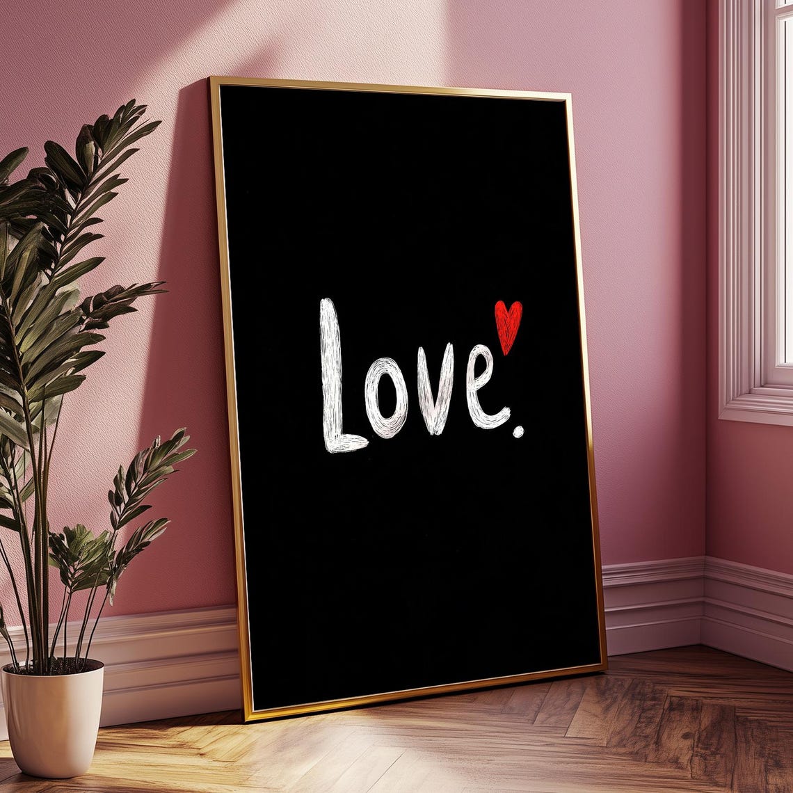 Love Handlettered Script with Red Heart Minimal Black Poster