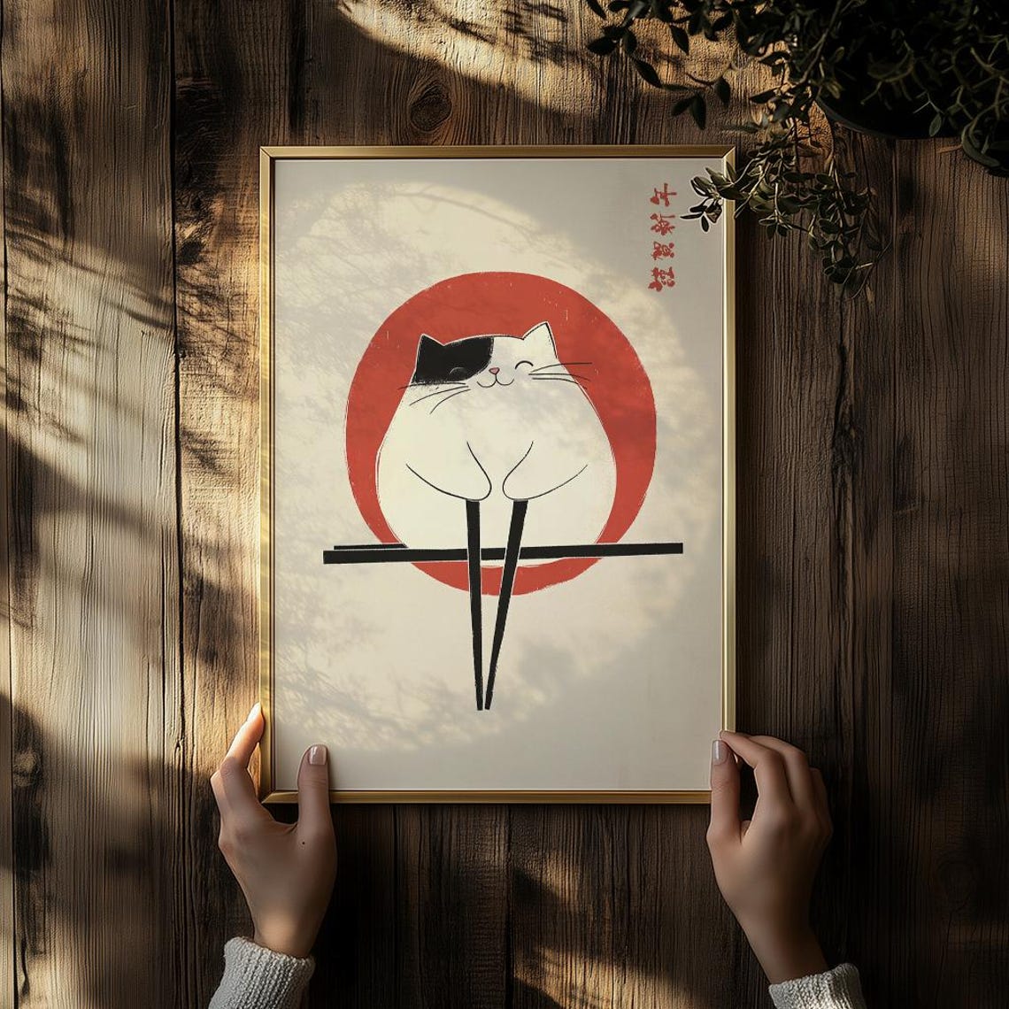 Japanese Minimalist Cat Print Cute Kawaii Sitting On Chopsticks Lover Calico Illustration Asian Decor