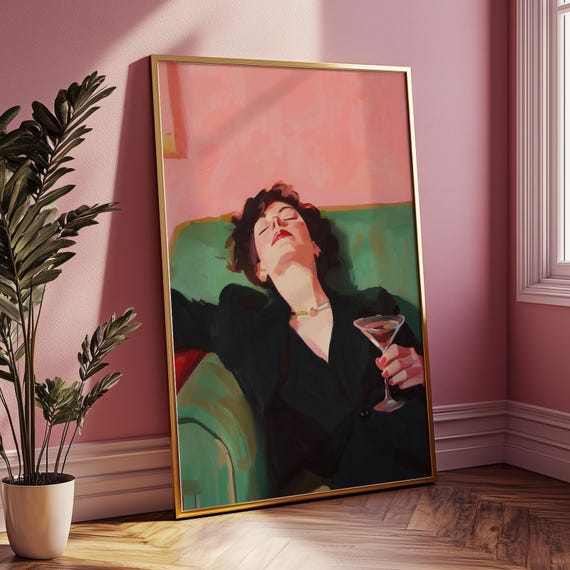 Woman On Couch With Cocktail Art Bar Cart Decor Retro Trendy Kitchen Wall Print Bold Feminine Painting