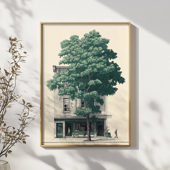 Large Green Tree Before Vintage Brick Townhouse Architecture Poster