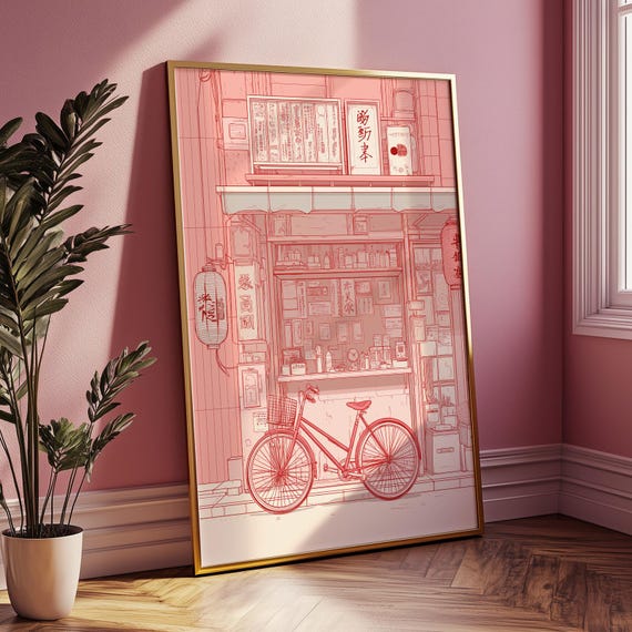 Japanese Pink Bicycle Street Scene, Retro Tokyo Poster