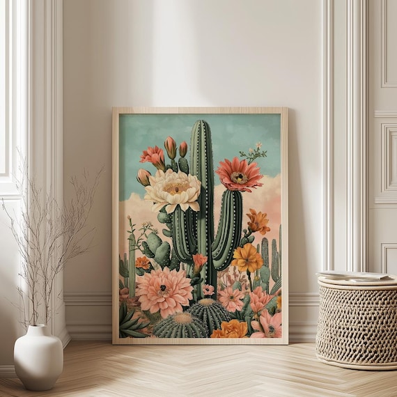 Mexican Cactus Art Print, Vintage Boho Desert Folk